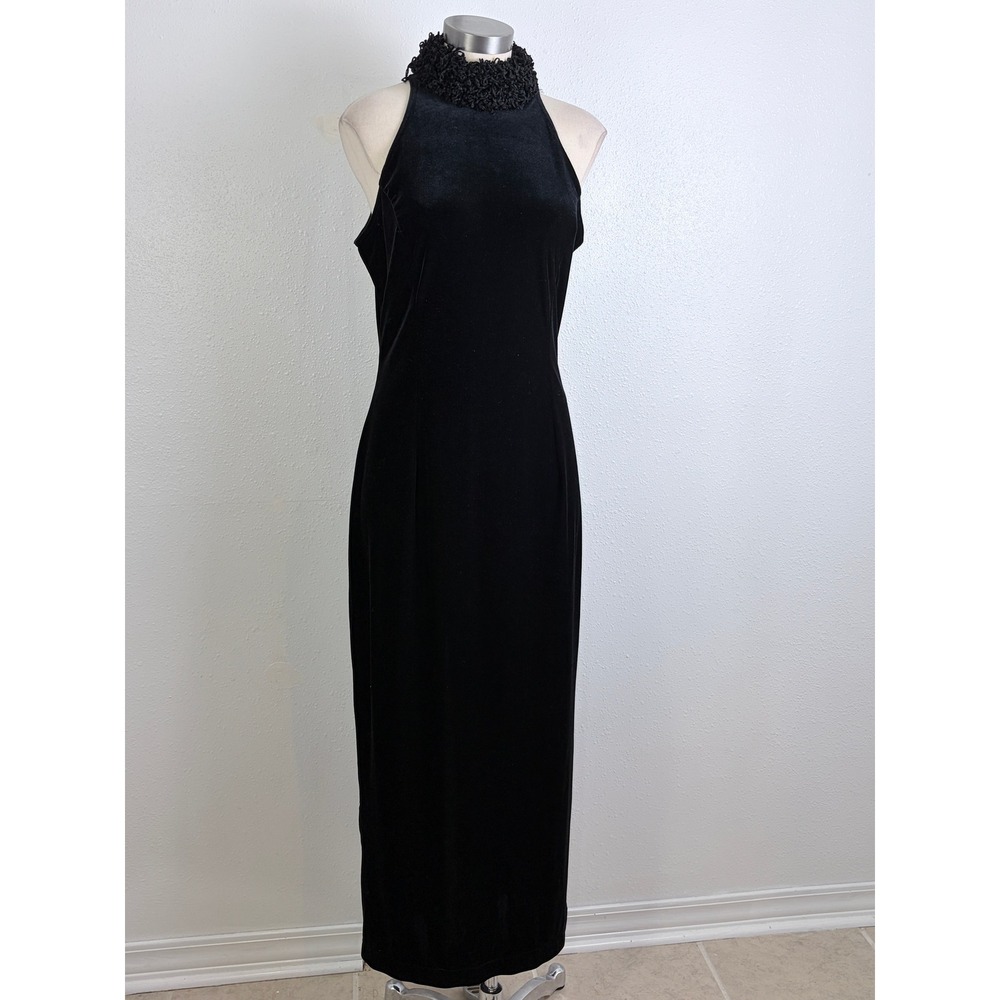 Vintage 90s Goth Velvet Halter Maxi Dress Scott McClintock Black 12P